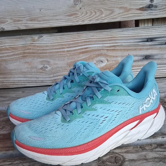 Hoka Clifton 7 Women's Teal and Coral Athletic Shoes - Picture 2 of 15